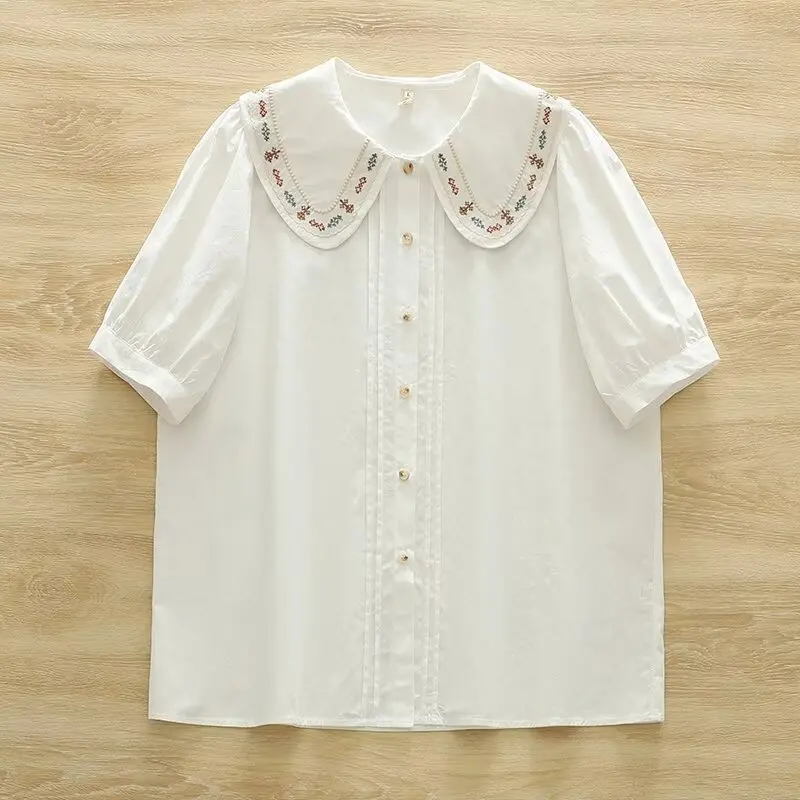 New Spring Cotton Casual Shirt Women Embroidery Loose Blouses Mori Girl Short Sleeve Peter Pan Collar Top 2024 Summer T45538QM