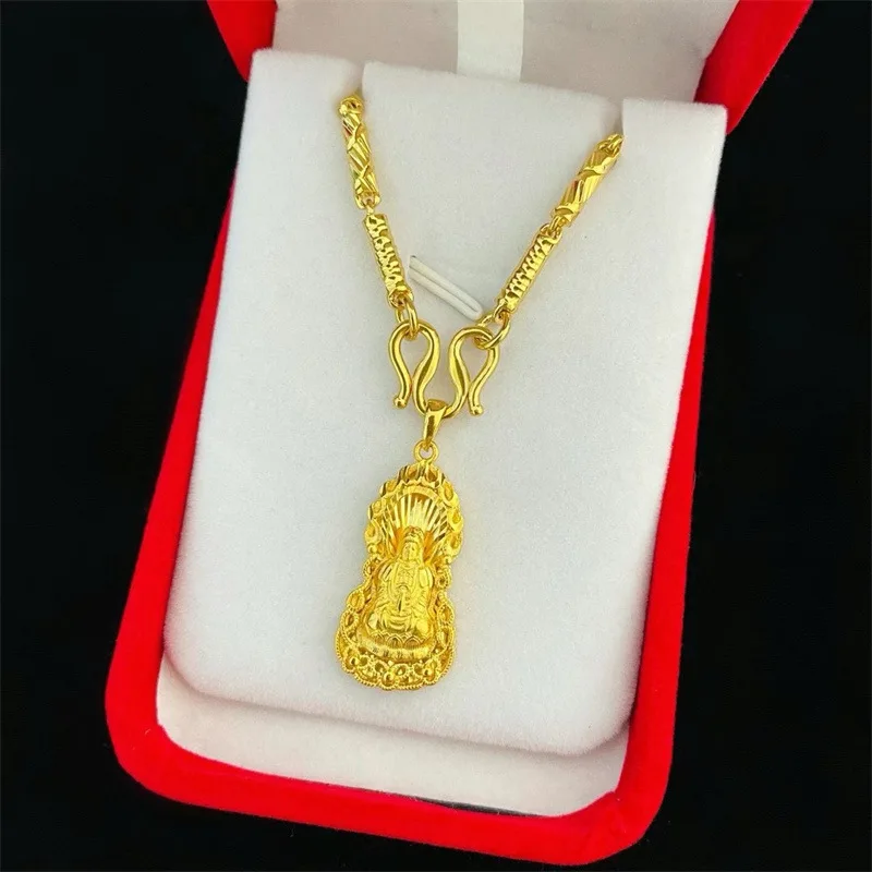 

Luxury high-end design 9999 24K real gold small cylinder men and women necklaces with Guanyin pendant chain accessories