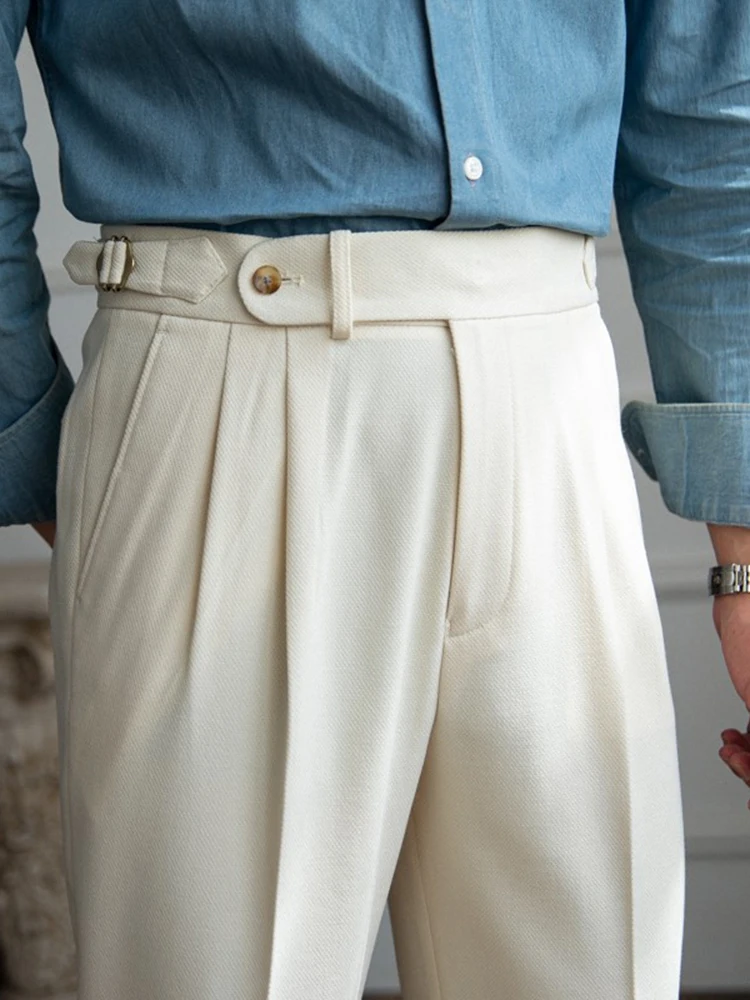 High Quality Fall Winter Men Naples High Waist Straight Casual Suit Pants British Retro Easy Matching Trousers