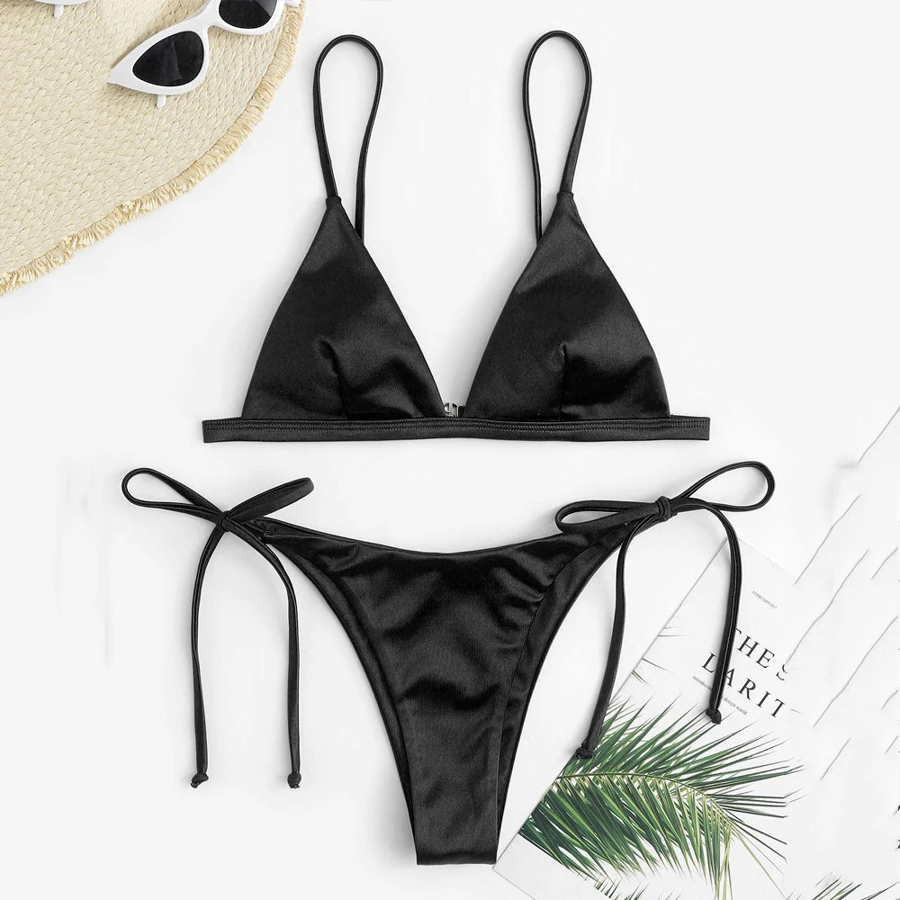 

Черный атласный сексуальный купальник, треугольные стринги, микро бикини, 2025 г., женский купальник на шнуровке, купальный костюм, мини-комплекты бикини Biquinis