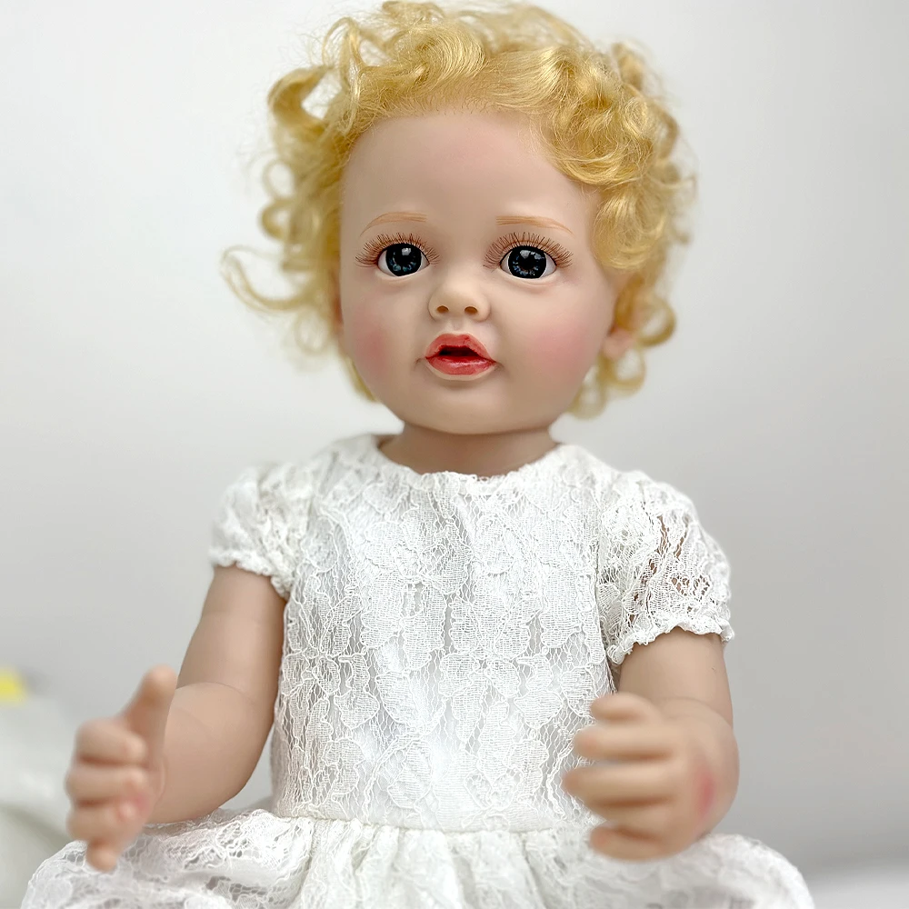 Muñeca Reborn de vinilo de 22", edición rara, pelo rubio rizado, vestido de princesa blanco, ojos azules, regalo de festival y juego de rol para niños