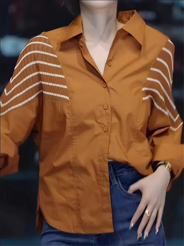 Camicia patchwork a righe Camicetta da donna Top con blocco colore Cardigan camicetta allentata di fascia alta con bottoni Camicie da donna primavera autunno