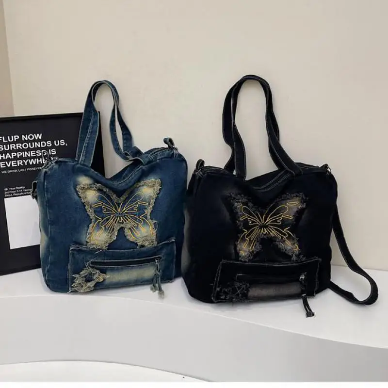 Ladies' Tote Bag Wasteland Style Bag Trendy Retro Butterfly Washed Denim Tote Bag Large Capacity Single Shoulder Crossbody Bag