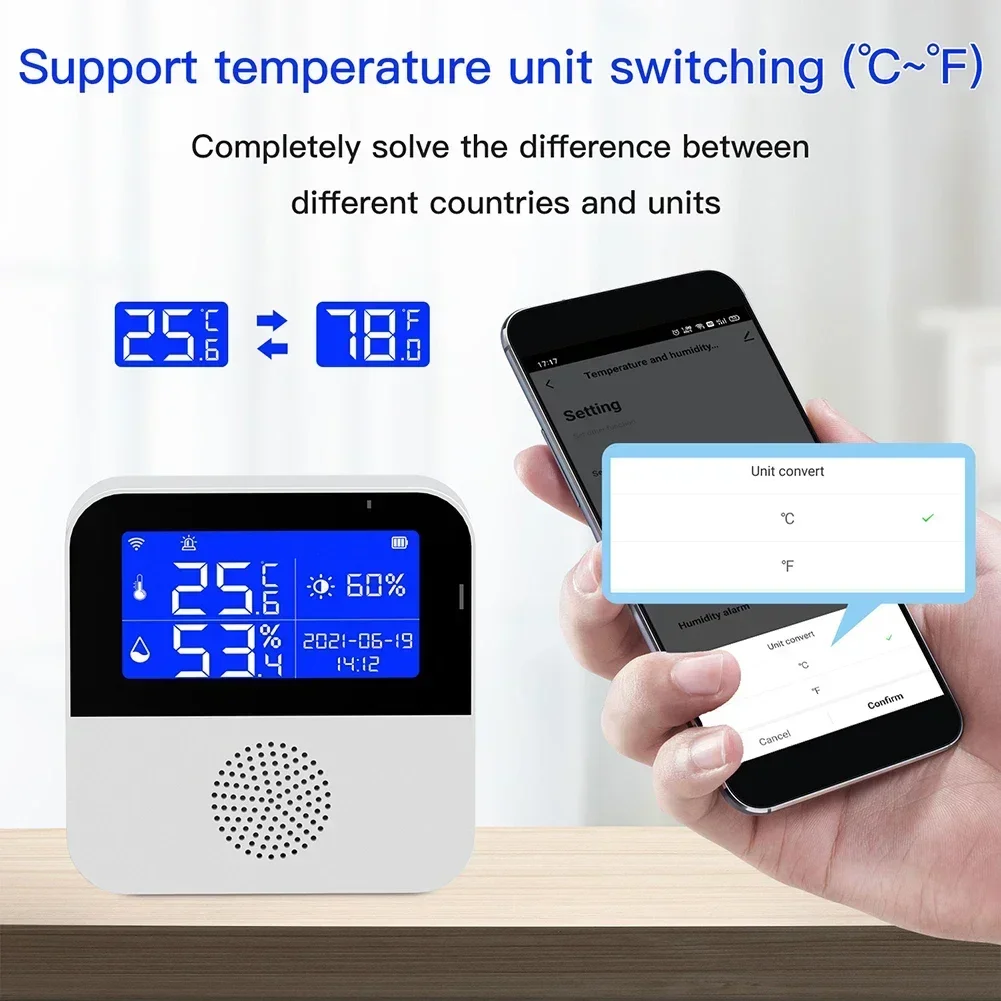 Smart Life WIFI Temperature And Humidity Sensor Alarm Meter Intelligent Thermometer Detector With LCD Display