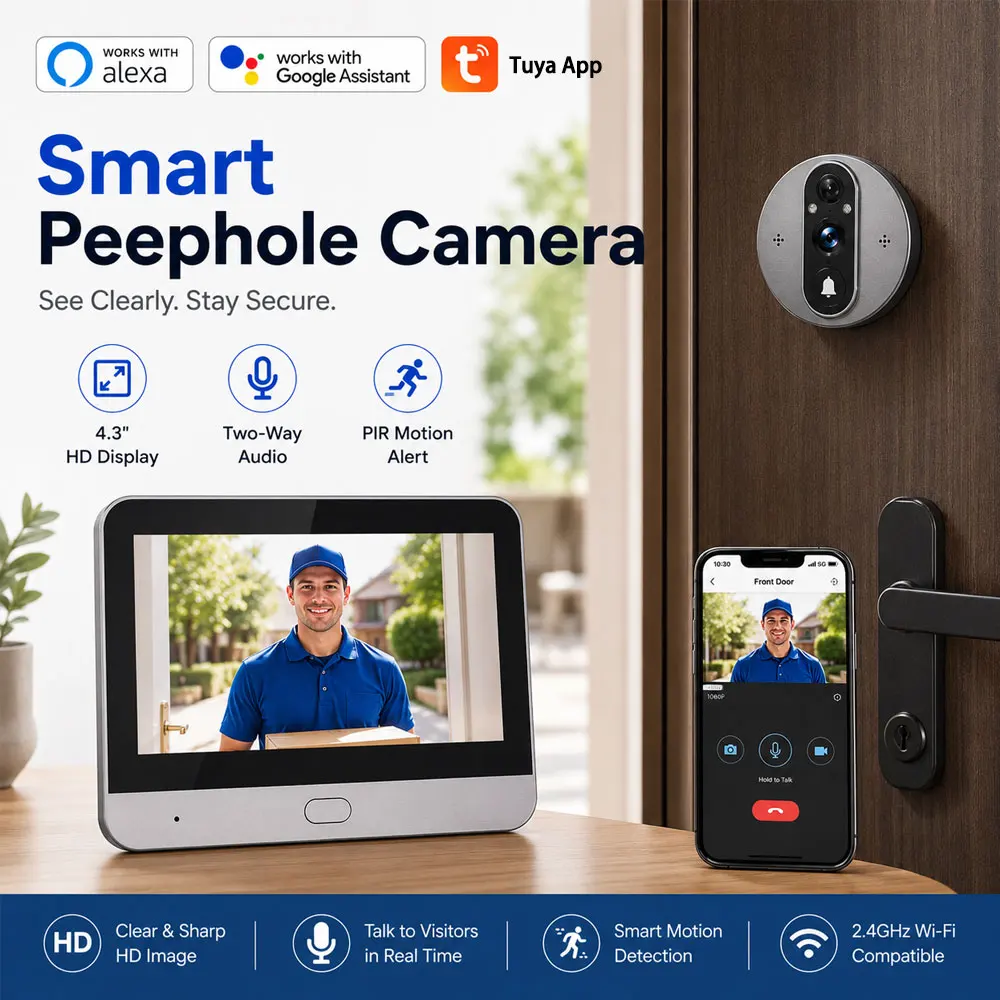 5MP Door Peephole Camera 4.3 Inch Screen Tuya Battery-Powered WiFi Smart Home Monitor, PIR Motion Detection Two-Way Talk