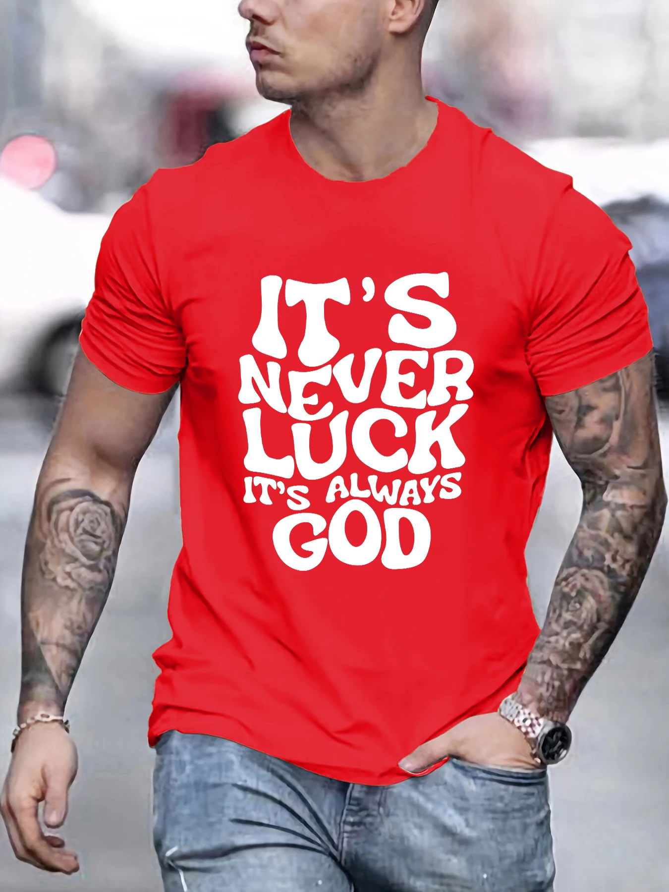 

It'S Never Luck Always God Printed Mens T-Shirt All-Match Crewneck Tops Oversize Cotton Streetwear Hip Hop Summer Man T Shirts