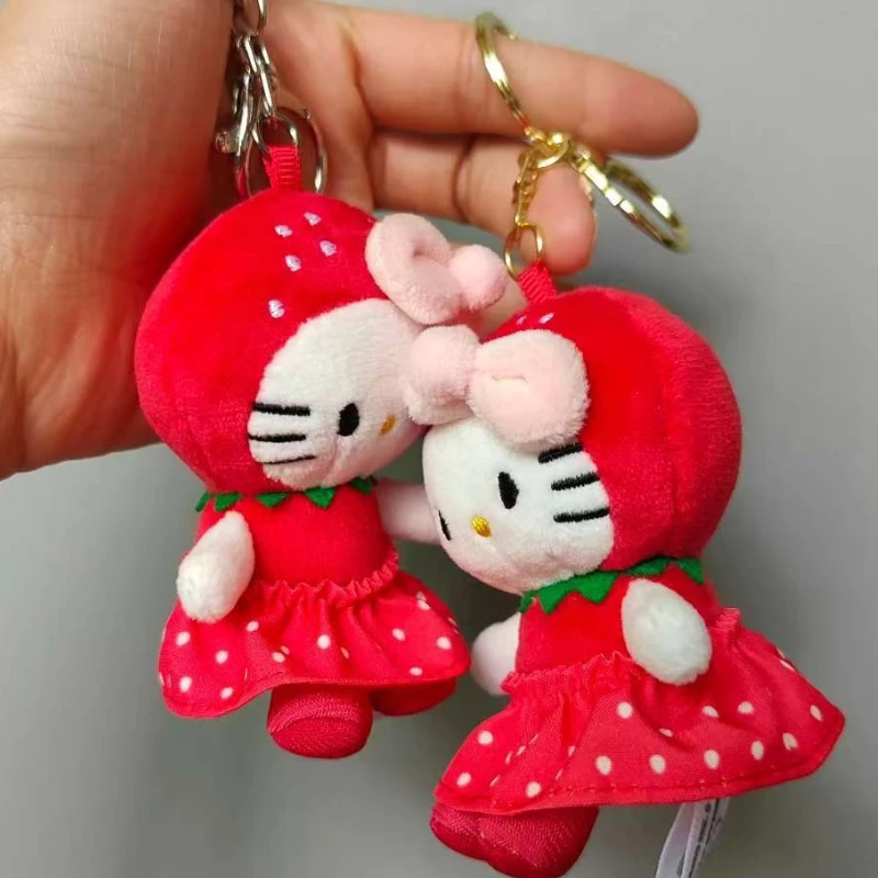 New Cartoon Kitty Plush Keychains Cute Red Strawberry Shaped Kitten Plush Toy Doll Girl Backpack Pendant Hanging Decorative Gift