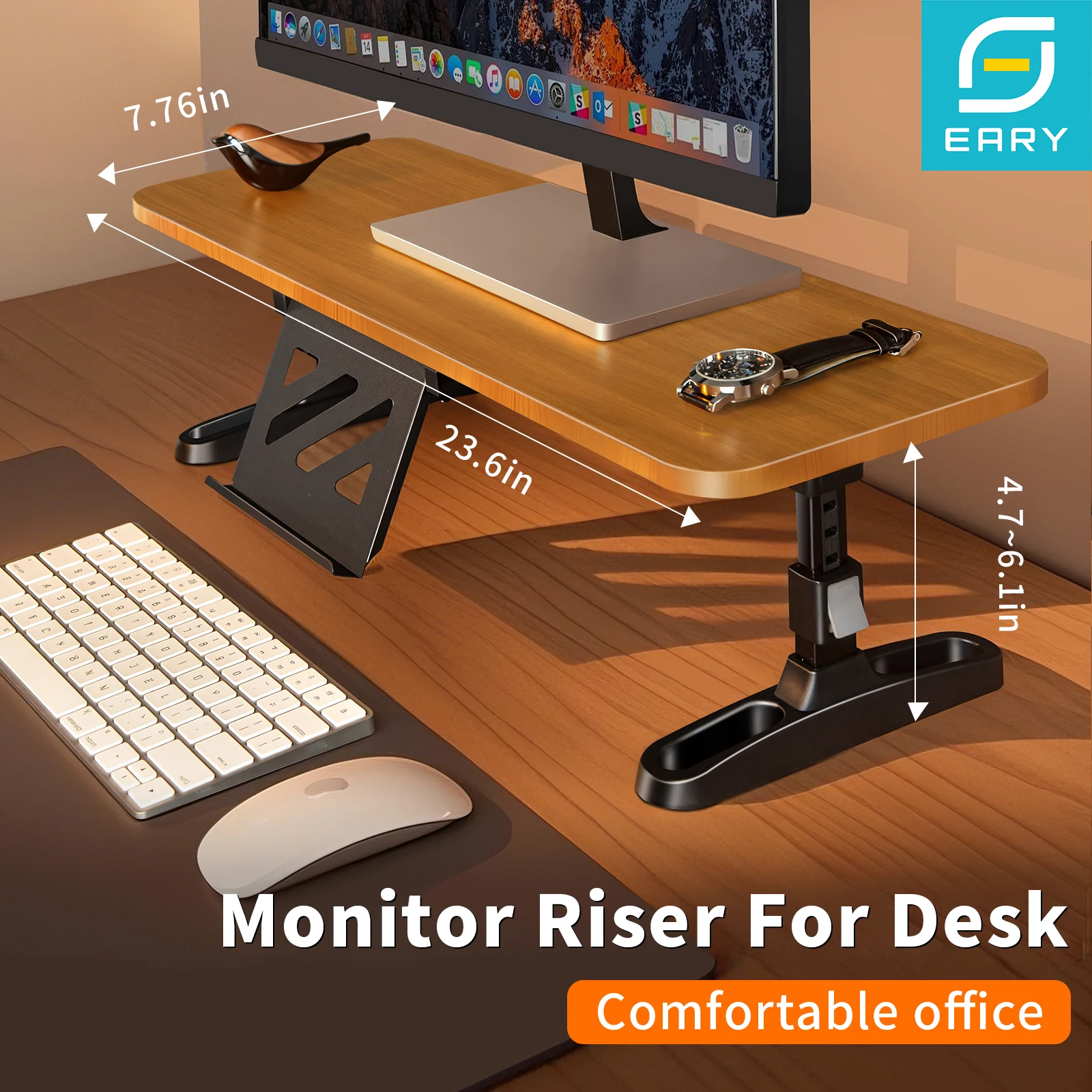 Eary Holz-Monitorständer für Schreibtisch, höhenverstellbares Computerregal mit Handyhalterung, Holz-Bildschirmständer für iMac, Laptop, PC