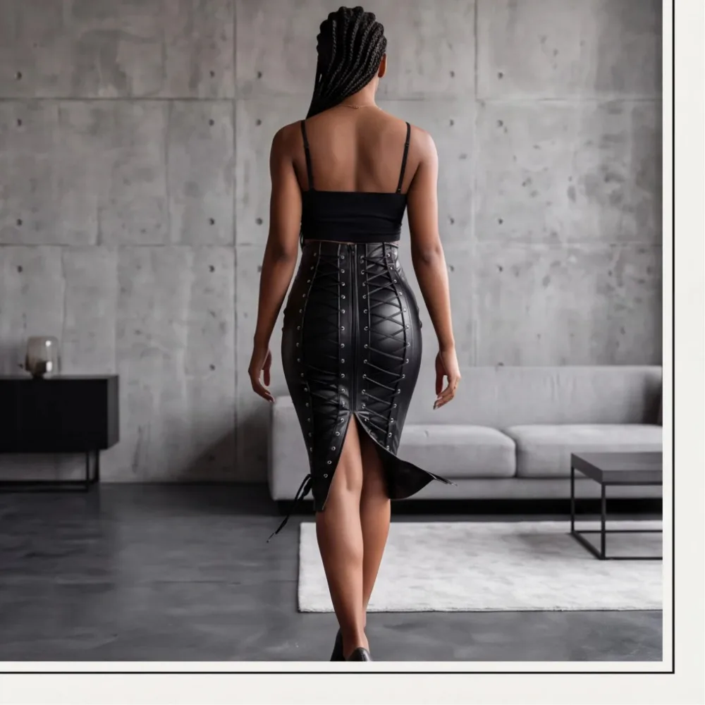 Women's Leather Skirt Bodycon Faux Midi High Waist Casual Zip PU Slim Pencil Plus Size