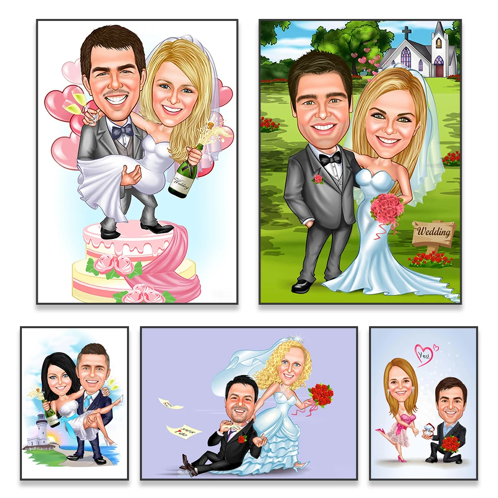 Personalized Married Couple Portrait Poster Cartoon Custom Caricature Print Birthday Wedding Day Gift Decor Bedroom Wall Art