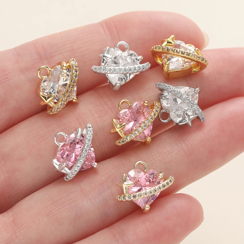

2Piece/Lot 14/18K Gold Plated Copper Heart Shape Pendants With Zircon for DIY Bracelet Necklace Jewelry Making Accessories