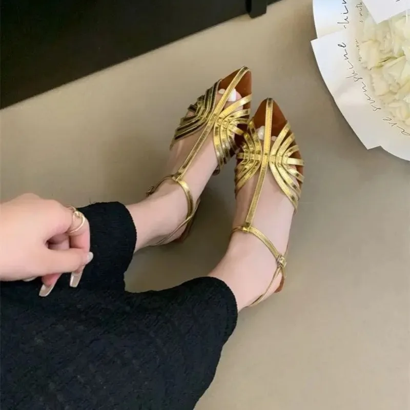

Women's Sandals Summer Low Heel Roman Sandals Designer Ankle Strap Buckle Sandals for Women Pointed Toe Hollowed Out Sandalias