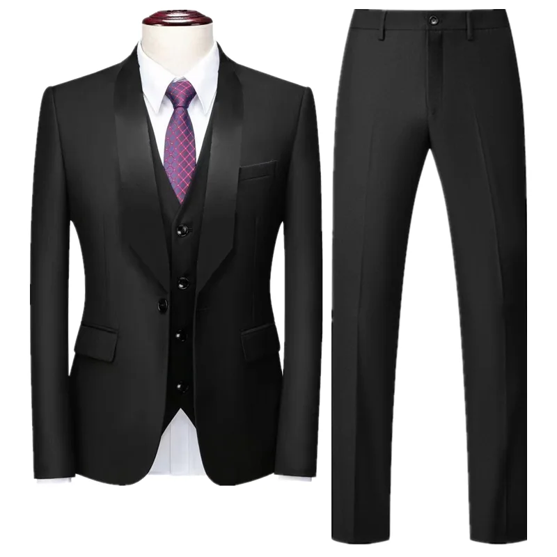 New Men Pure Colour Formal Wedding Suit 3 Piece Black / Blue / Dark Grey Fashion Simple Male Business Social Tuxedo Dress Set