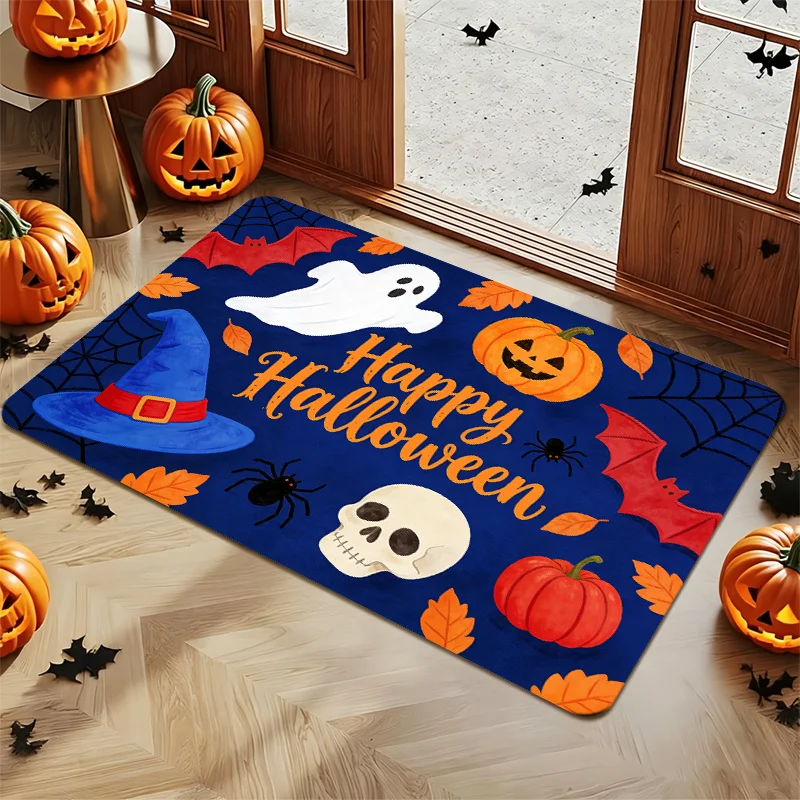 Happy Halloween Doormat Ghost Pumpkin Skull Witch Hat Spider Web Bat Maple Leaf Print Indoor Entry Decor Floor Rug
