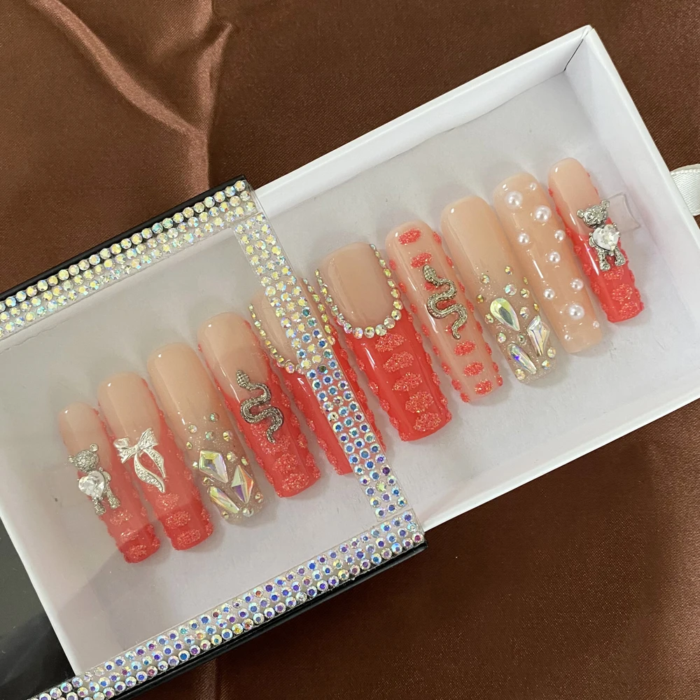 Uñas acrílicas hechas a mano con diamantes de bailarina, 10 piezas, estilo de salón personalizado, uñas artificiales con herramientas de pegamento, 100%