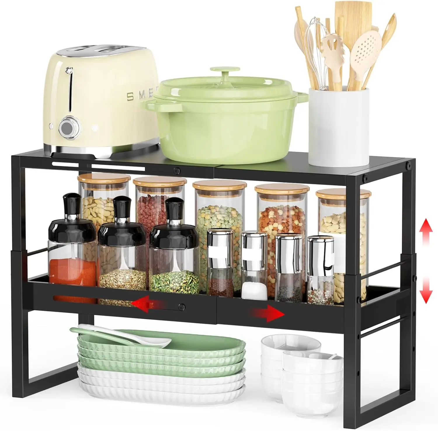 

Adjustable Kitchen Countertop Organizer, 2-Tier Expandable Cabinet Counter Shelves, Heavy Duty Steel