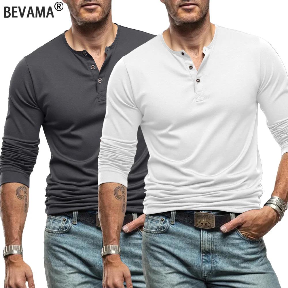 Men's T Shirt Long Sleeve Tops Street Tees Henley Neck Button Sports T-Shirt Solid Color Casual Slim Fit Tee Fitness Cozy Top