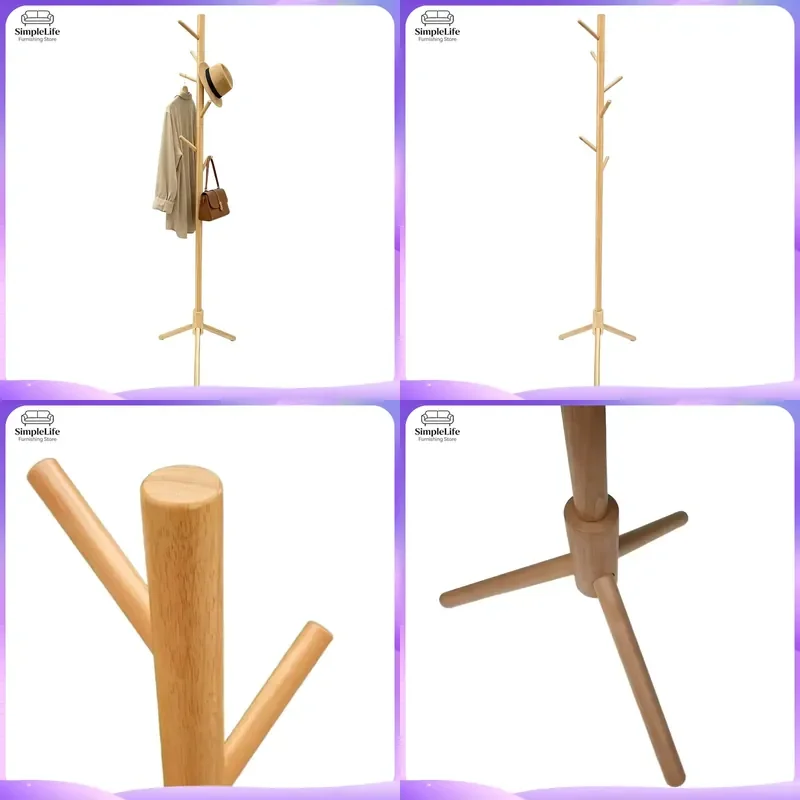 Wooden Floor to Ceiling Coat Rack Tree Shaped Standing Clothes Hanger with Hooks for Living Room Bedroom Home Storage