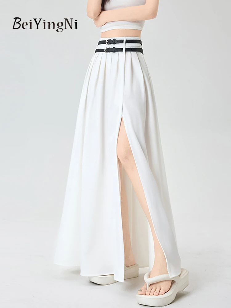 

Beiyingni Summer Casual Split Women Suit Skirts Double Belts 2025 Elegant Long Maxi Pleated Skirt for Woman White Black Faldas