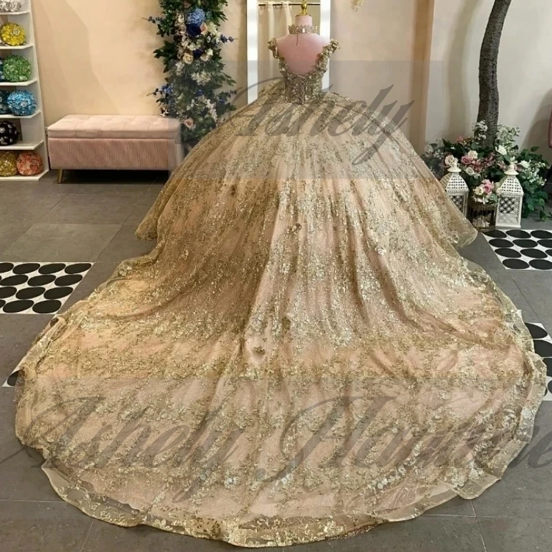 럭셔리 샴페인 골드 15 Quinceanera 드레스 볼 가운 꽃 아플리케 레이스 업 여성 파티 파티 미인 대회 결혼식 2025 맞춤형