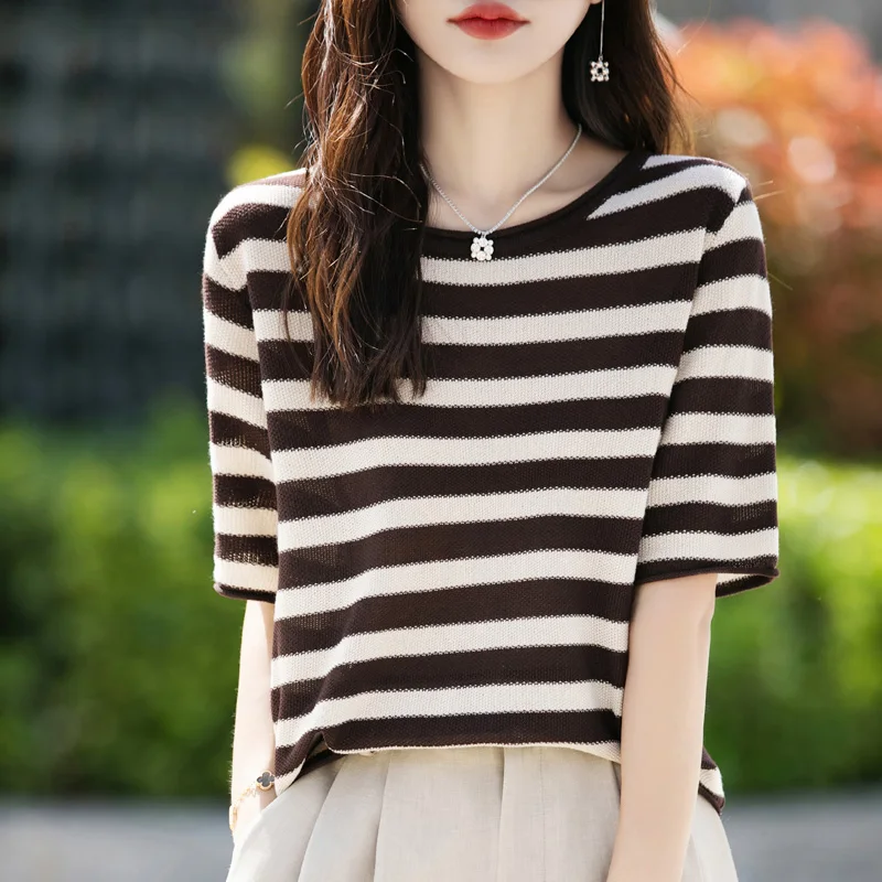 100% القطن تي شيرت المرأة الصيف قصيرة الأكمام سترة س الرقبة متماسكة تيز البلوز اللون شريط الزي تيز قاع ارتداء القمم