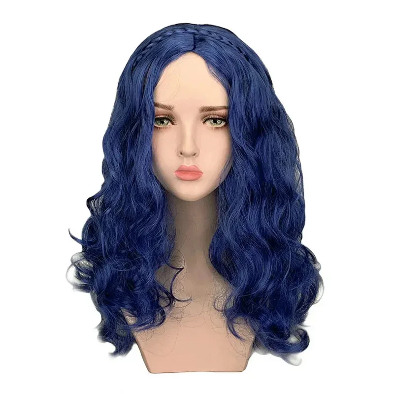 Discendenti 2 Evie Parrucca ondulata lunga blu Costume cosplay Capelli sintetici resistenti al calore Parrucche per giochi di ruolo per feste Berretto per parrucca