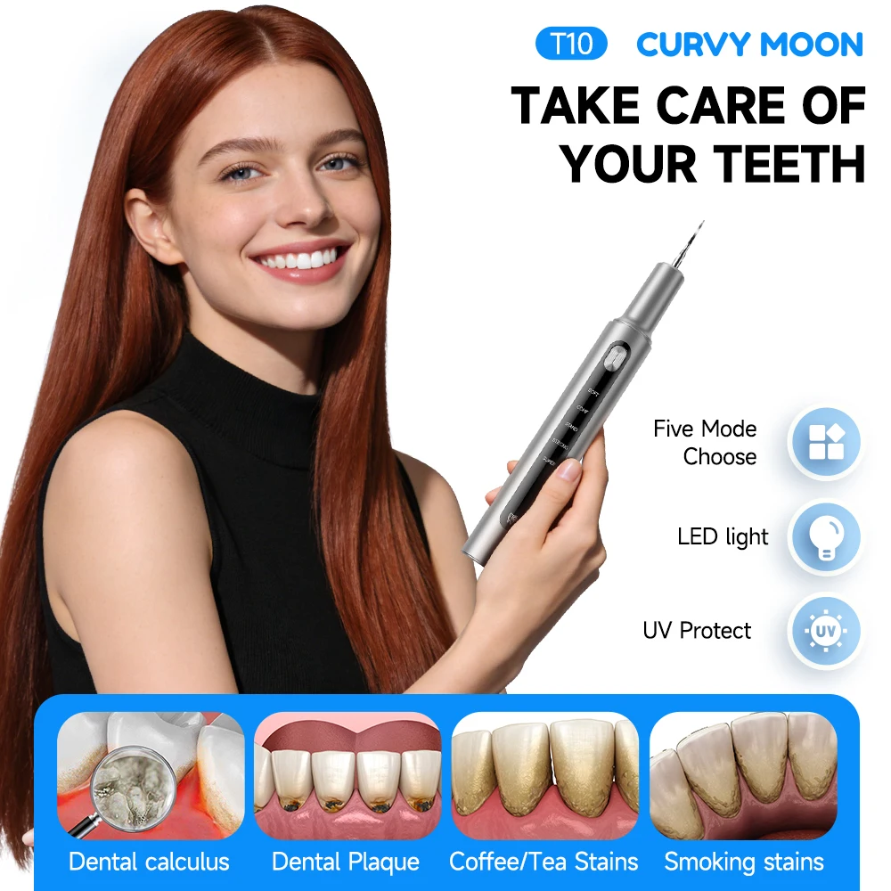 

Электрический ультразвуковой скалер CURVY MOON T10 для чистки зубов, удаления зубного камня и пятен, инструмент для ухода за полостью рта