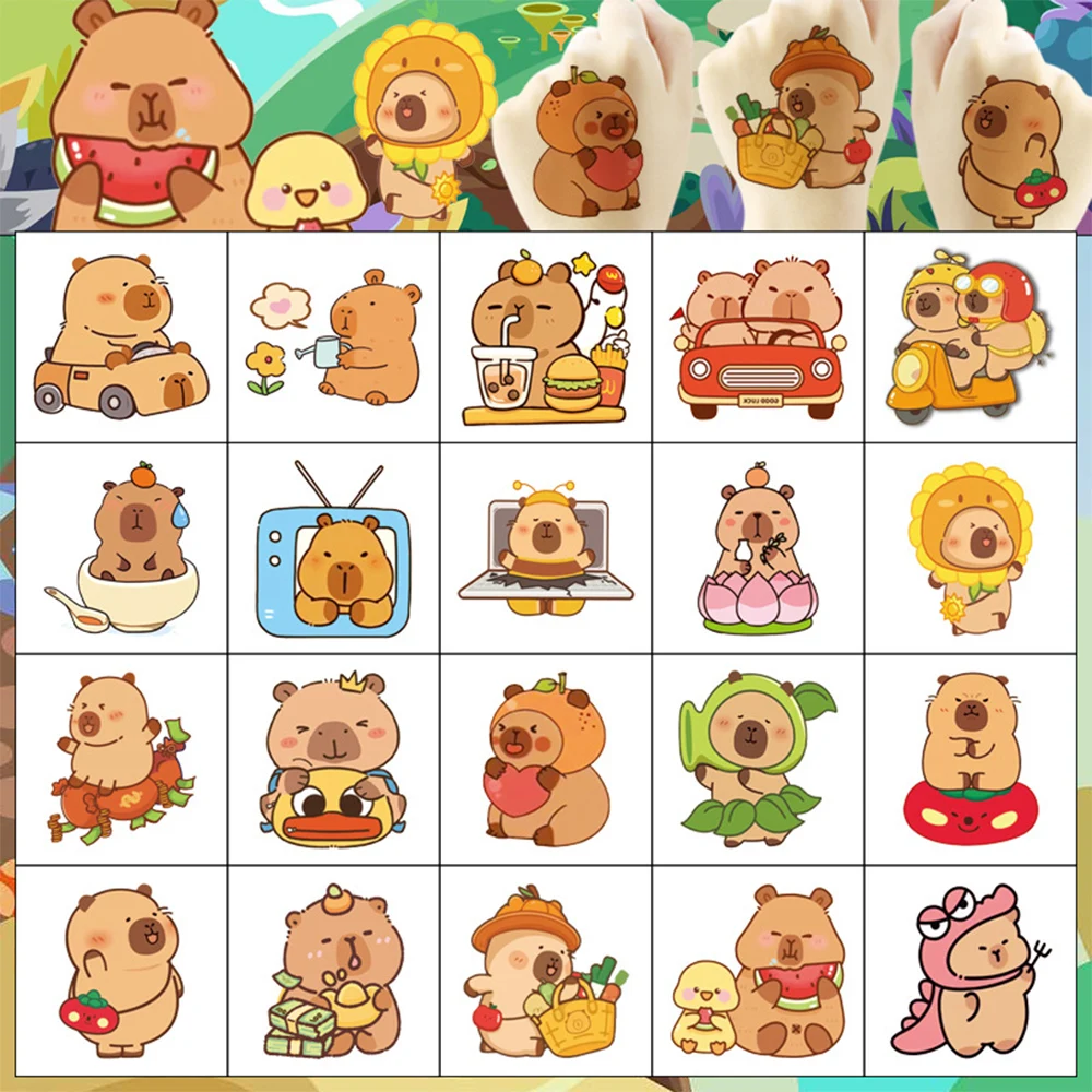 20pcs Cartoon Capybara Tattoo Stickers Funny Cute Animal Temporary Waterproof Tattoos Decals Kids Party Game Decoration Toy Gift