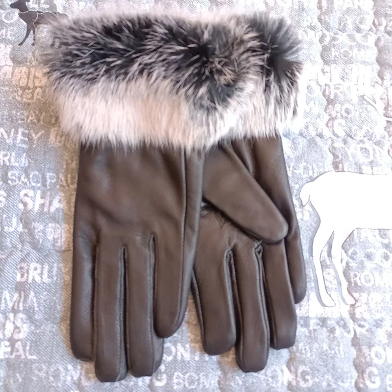 HSPL Genuine leather gloves female thickening leather gloves women\'s rabbit fur sheepskin thermal gloves