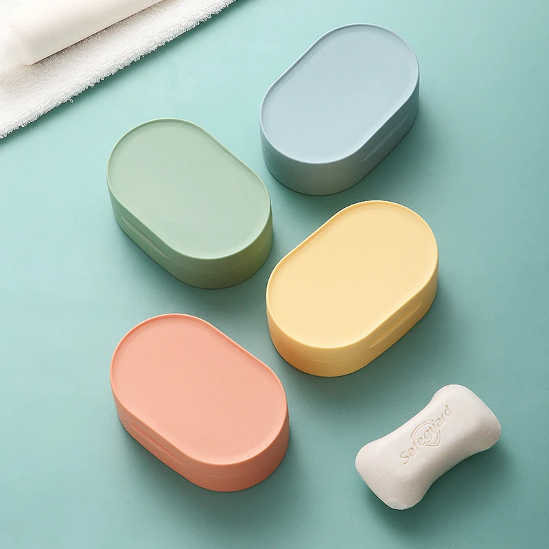 Solid Color Oval Soap Box With Cover Round Waterproof Soap Storage Case Portable Soap Dish Tray Bathroom Soap Holder