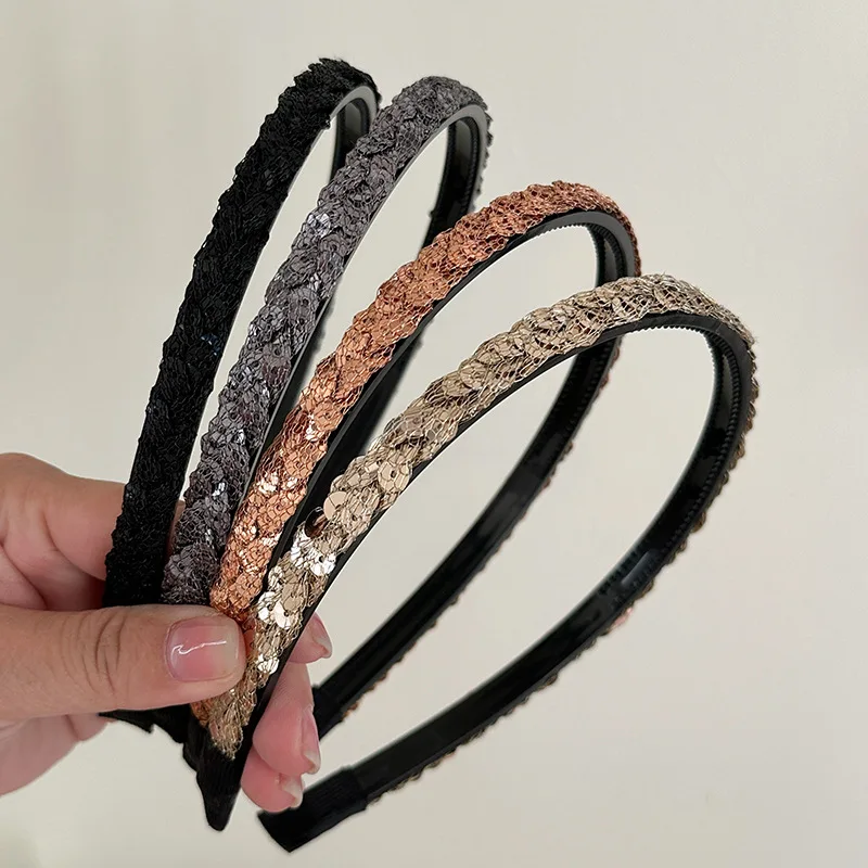 

Premium Sequin Braided Thin Headband Non Slip Toothed Fashion Versatile For Women Office Party Travel