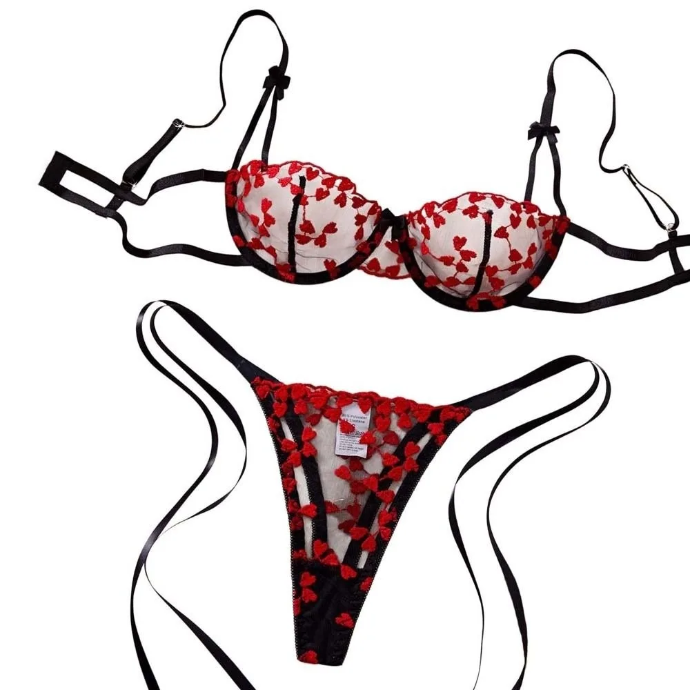 Lace Bra Suspender Two-piece Underwear Set Lace Mesh Love Heart Embroidery Panties Underwear for Women Valentine's Day Gift - Image 2