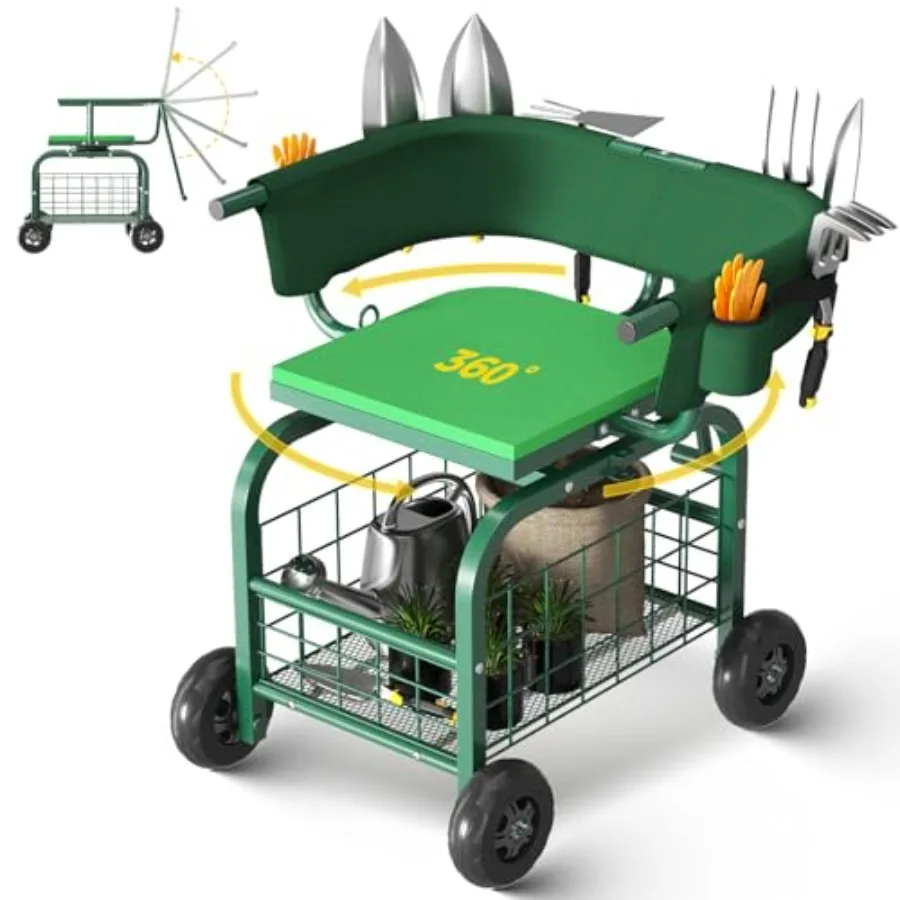 

Садовый стул на колесах с поворотом на 360 градусов ° Поворотное сиденье и спинка, корзина для хранения инструментов и задняя сумка для инструментов, регулируемые.