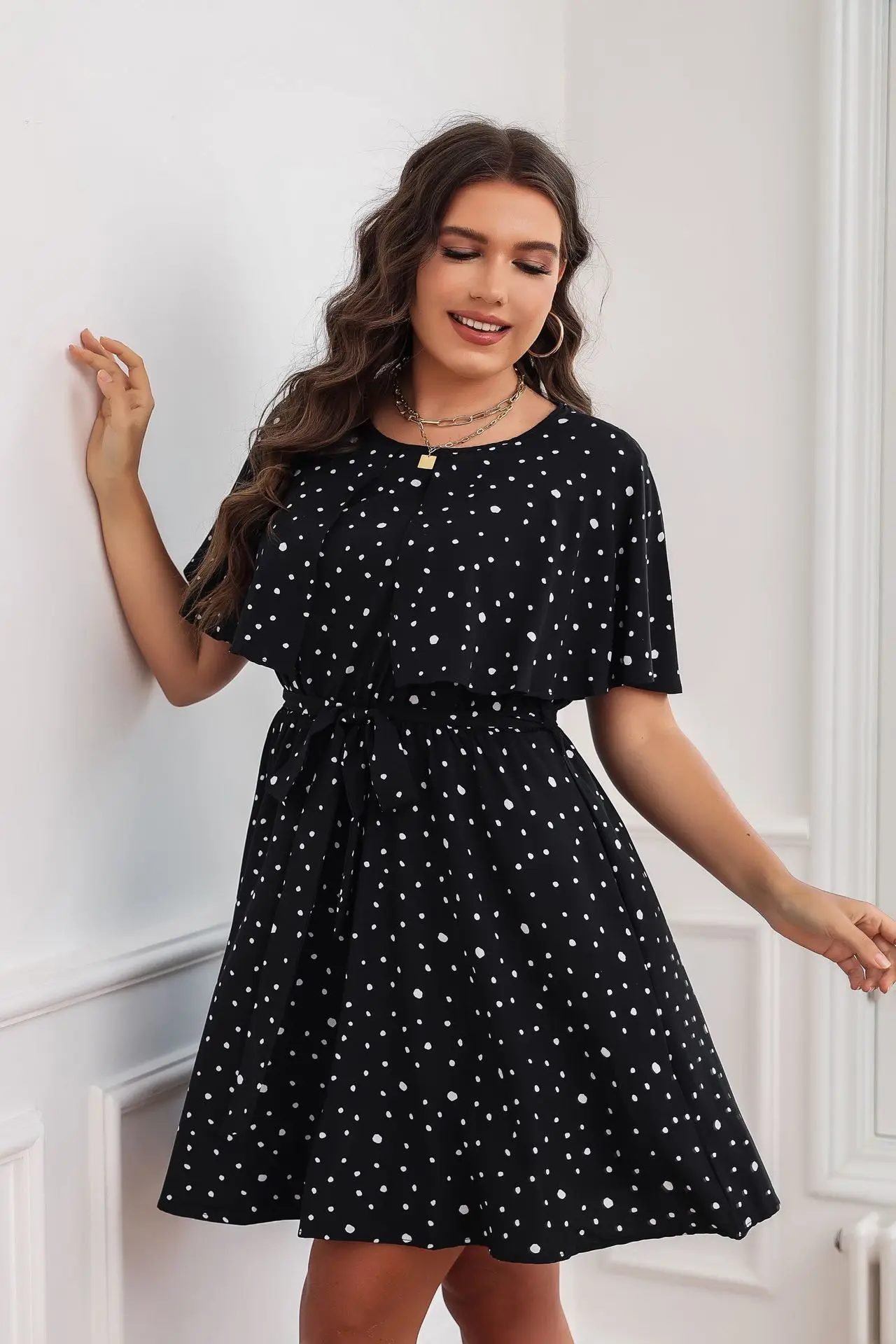 Summer new plus size women\'s clothing for fat mm French polka dot slimming dress is the first slimming dress