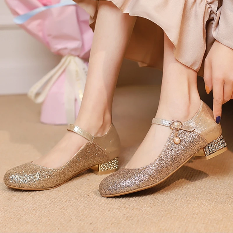 Luxury Mary Jane Shoes for Women Low Heel Ankle Strap Gold Silver Red Party Ladies Dress Dance Shoes Comfortable Good Quality