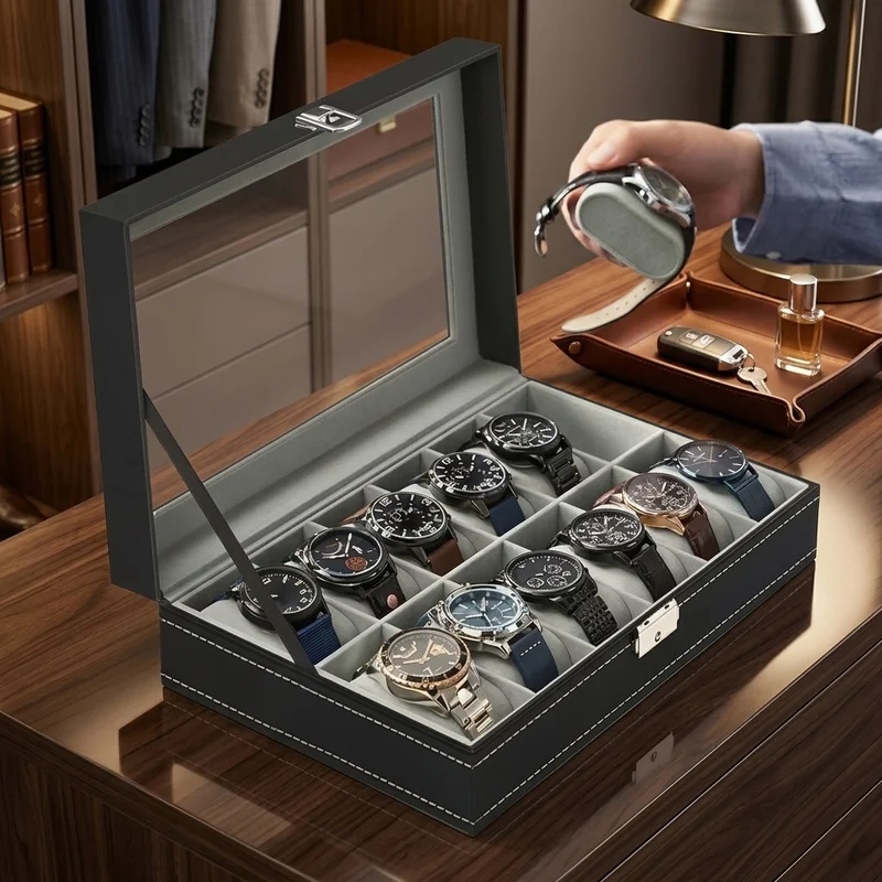 2/3/4/5/6/8/10/12 Slot PU Leather Watch Box, Glass Top Display Case, Watch Storage Organizer with Cushions for Men Gifts