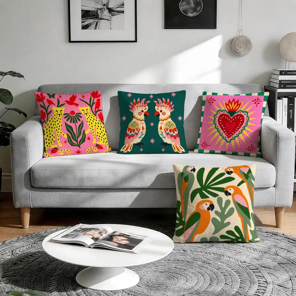 Green Pink Mexican Folk Art Cushion Cover Natural Breathable Durable Linen Printed Decor Pillow Case Sofa Bedroom