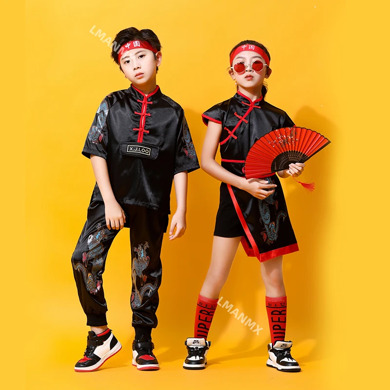 Roupas de performance de dança jazz festiva estilo chinês infantil, performances qipao de pista de dança de rua hip-hop chiques da China