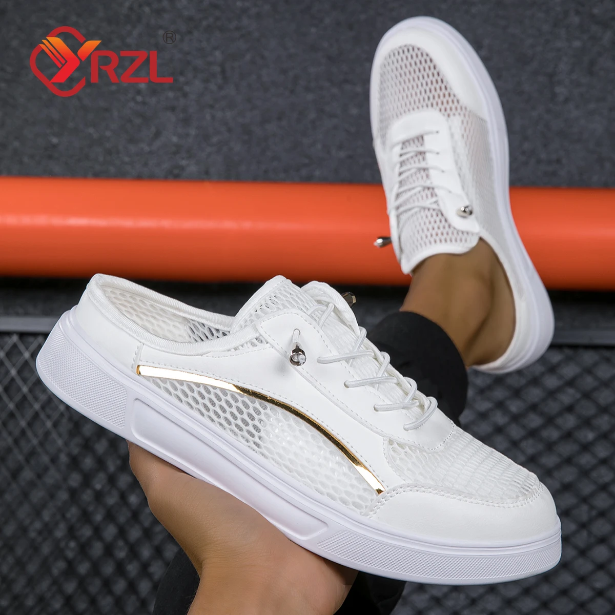 YRZL 2024 Half Slippers Women Shoes Summer Baotou Mesh Breathable White Flat Shoes Non-slip Comfortable Round Toe Men's Sandals