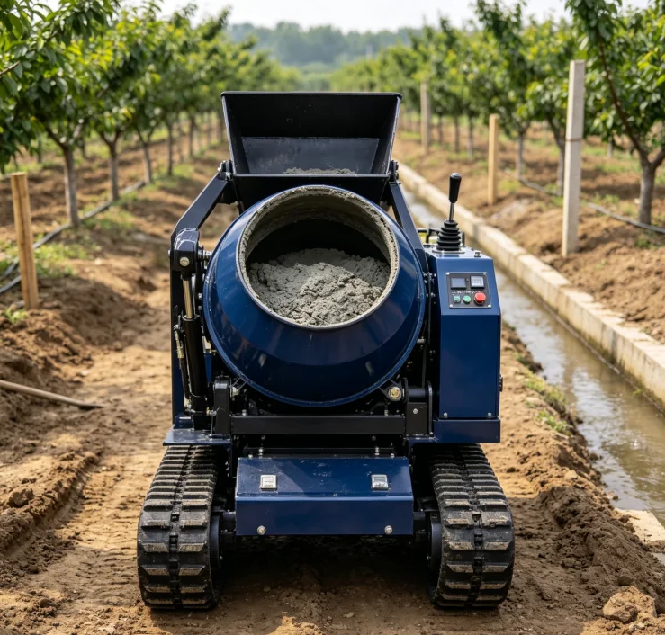 Diesel Powered Compact Crawler Concrete Mixer 350L All Terrain Rubber Tracked Auto Feeding Mixing Machine for Greenhouse