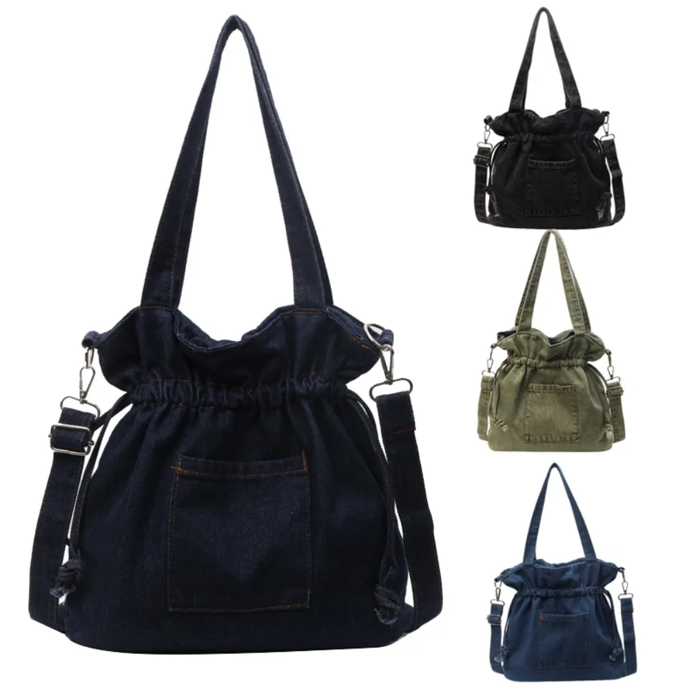 

New Canvas Denim Shoulder Bags Drawstring Casual Crossbody Bag Large Capacity Versatile Tote Bag Women