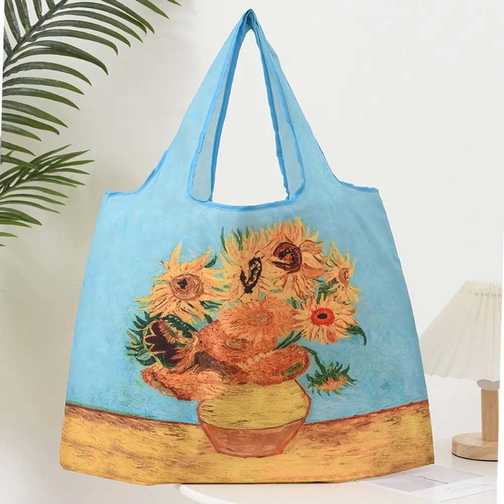 Van Gogh Hand Painted Oil Painting Shopping Bag Famous Painting Pattern Storage Bag Portable Foldable Travel Bag One Shoulder