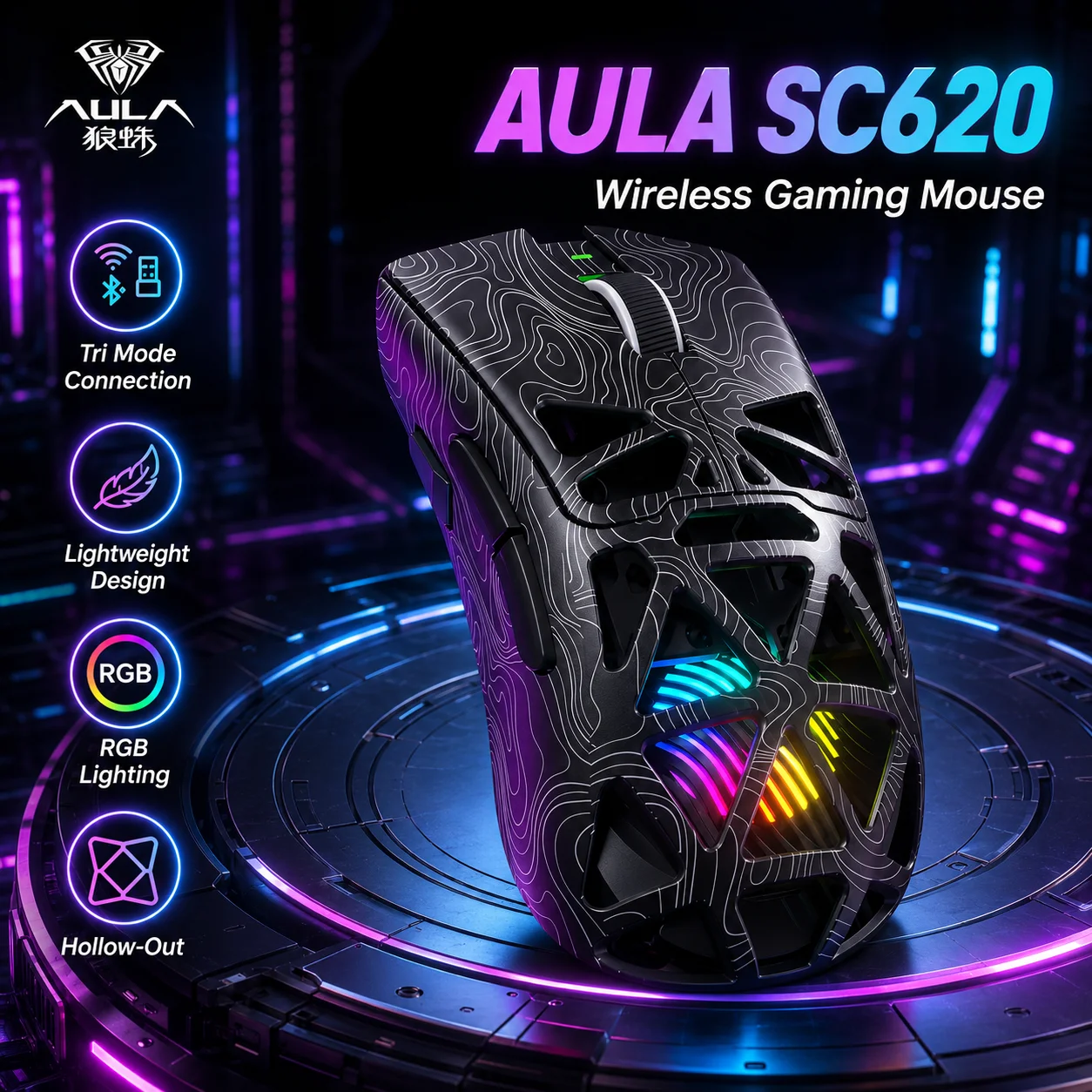 AULA SC620 Gaming Mouse Wireless Tri-Mode Hollow Design PAW3311