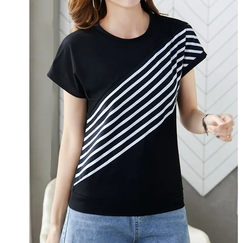 

Summer Short Sleeve Crew Neck Women's Pullover Striped Solid Short Sleeve Vacation Graphic T-shirt Fashionable Elegant Tops