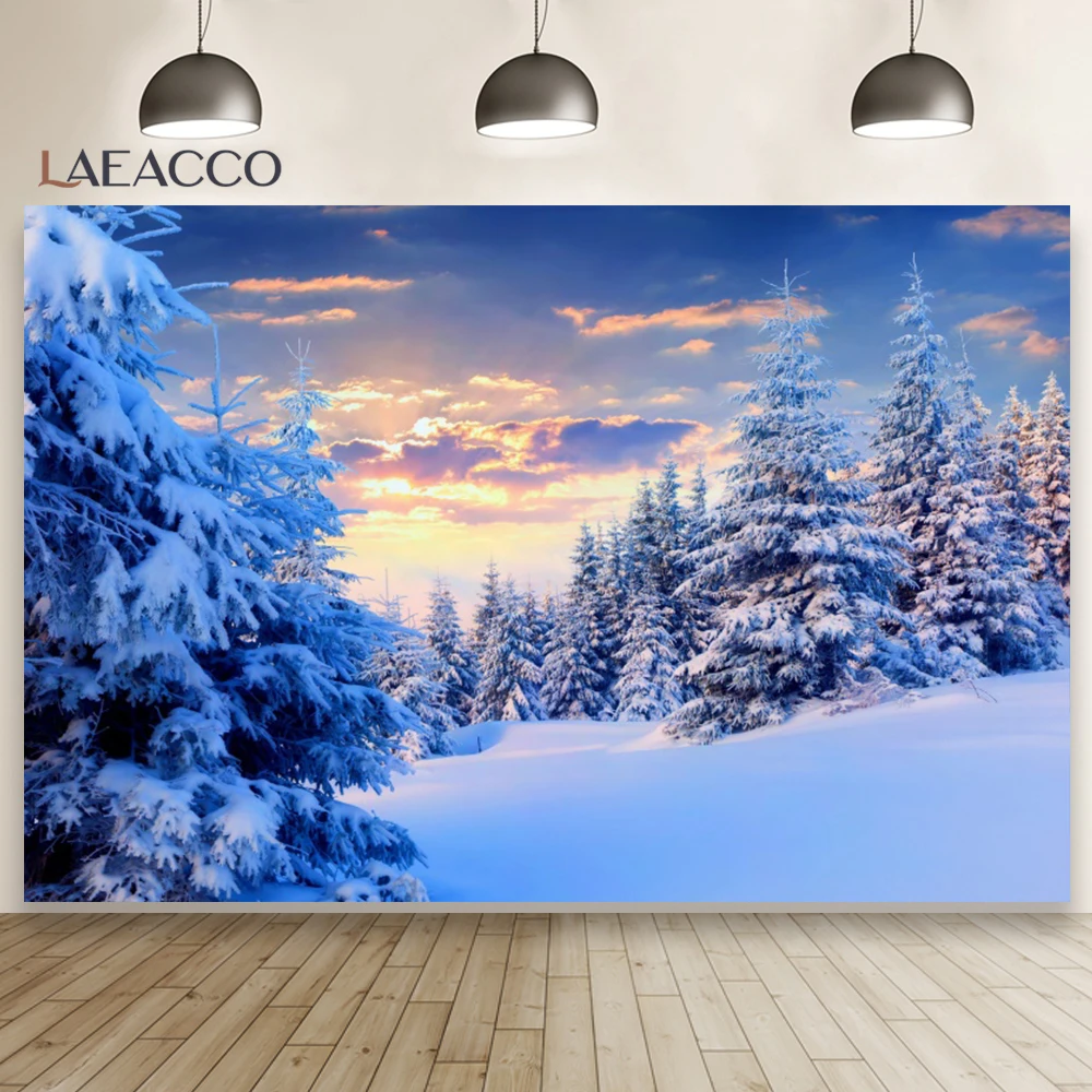 Laeacco-Fondo de vinilo para estudio fotográfico, telón de invierno con cielo azul, nieve, montañas, pino, árbol, nieve, bosque