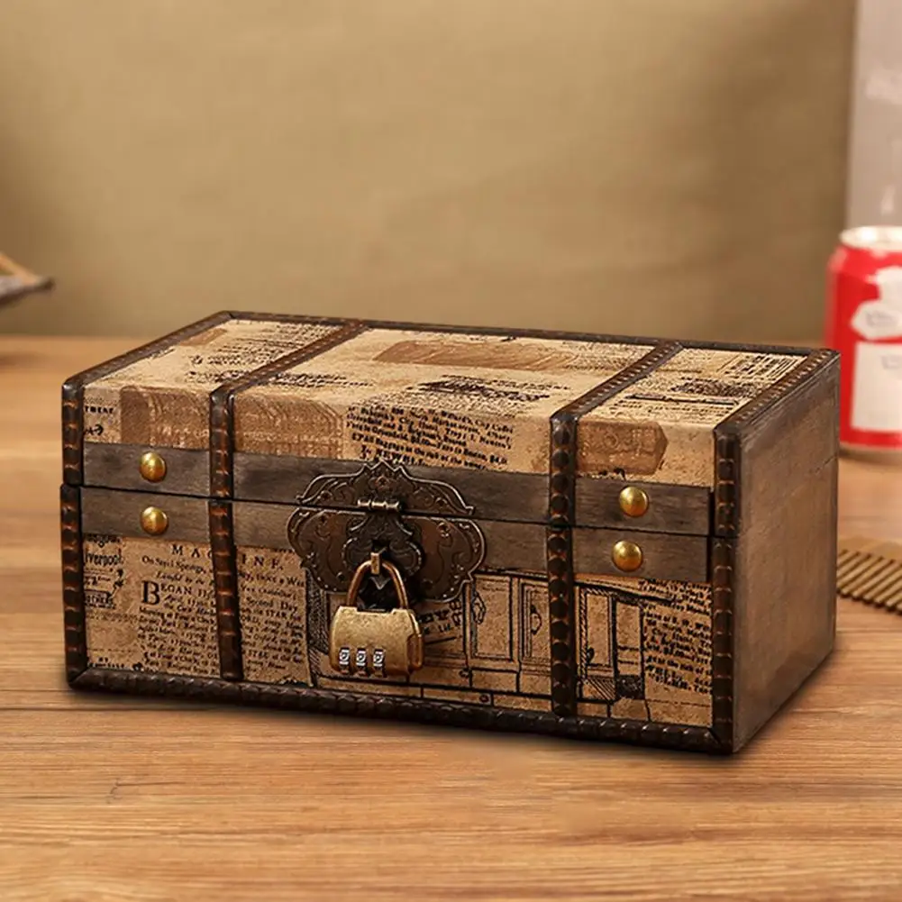 European Vintage Small Wood Box With Lock Storage Box Rectangle Desktop Box Antique Organize Wooden Jewelry Accessories