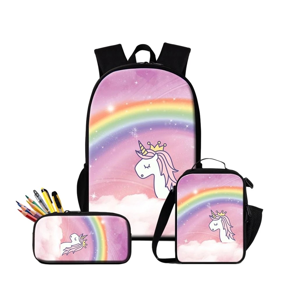 Mochila arco-íris unicórnio dos desenhos animados, Sacos escolares de grande capacidade para adolescentes, lancheira, meninos e meninas sacos de viagem, 3pcs por conjunto