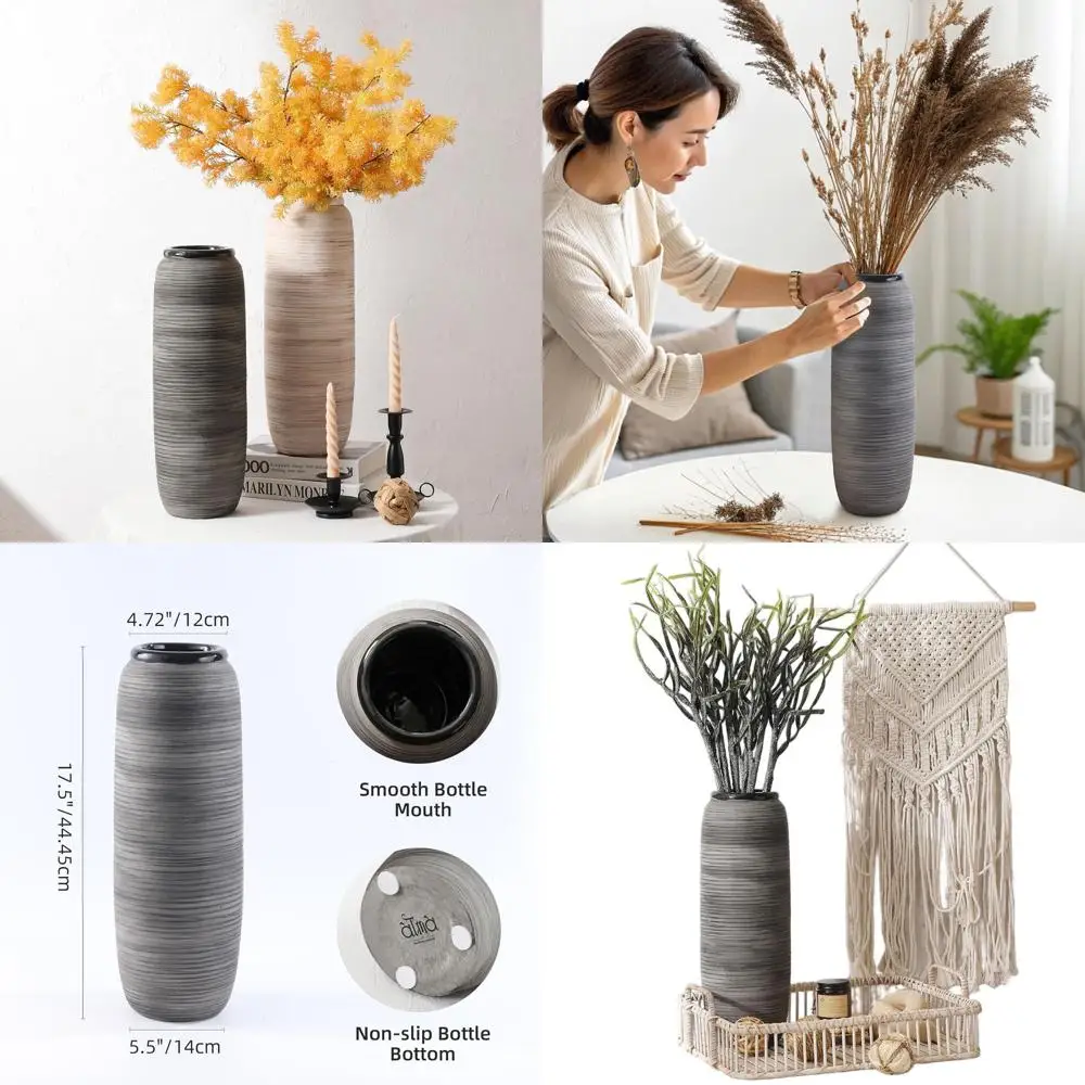 

Elegant 18 Grey Tall Floor Vase for Pampas Grass, Large Ceramic Decorative Vase for Living Room, Fireplace, Mantel