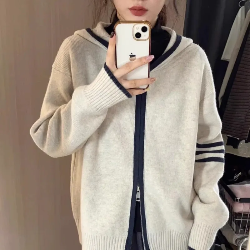 

Кардиган с капюшоном, свитер в ленивом стиле с длинным рукавом, шикарный модный Повседневный свитер на молнии с длинным рукавом, кардиганы, одежда, топы