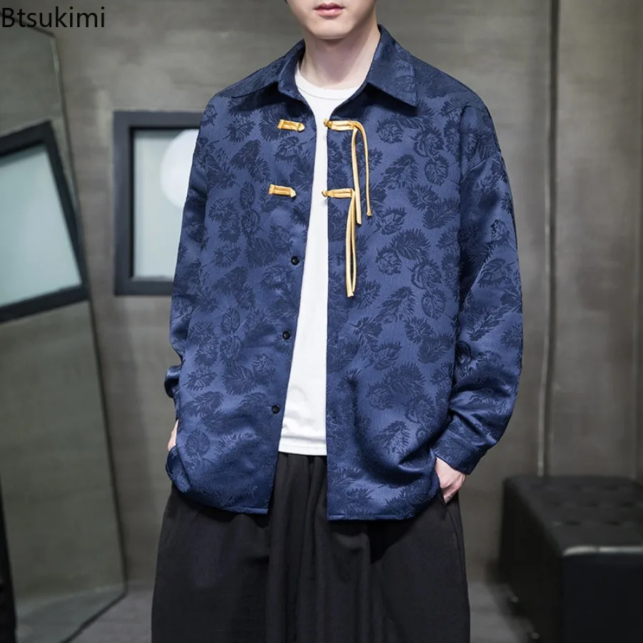 

Chinese Style Shirts for Men Vintage Jacquard Long/Short Sleeve Shirts Men Tang Dress Hanfu Loose Casual Kung Fu Outfit Men Tops